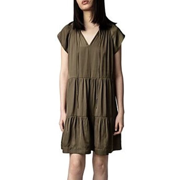 Zadig‎ & Voltaire NWOT Rito Tiered Satin Dress in Kaki Green Size XS MSRP $398 - Picture 1 of 7